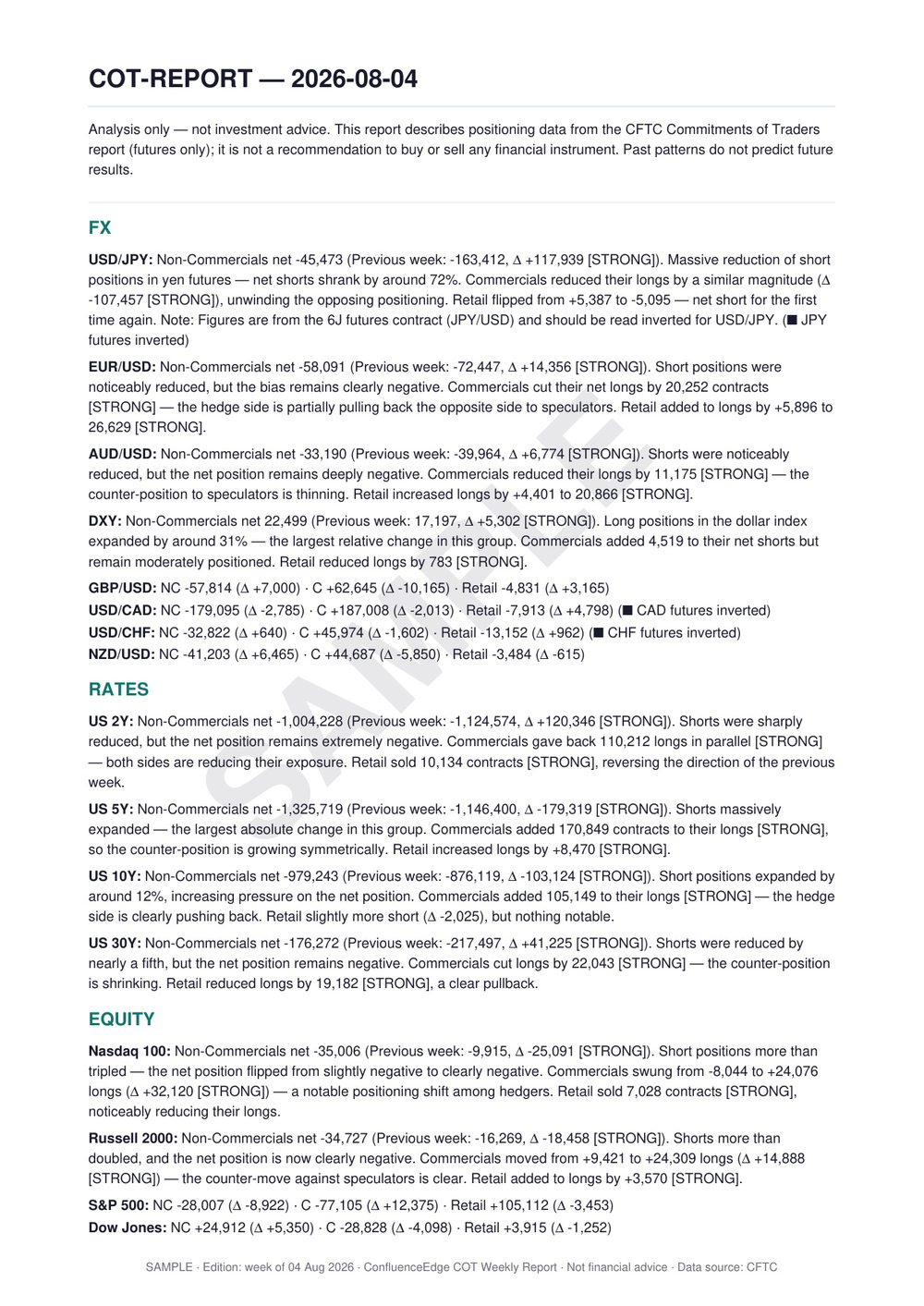 First page of a sample COT weekly report, marked SAMPLE